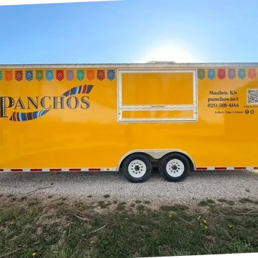 Bright yellow food truck named Panchos with colorful decorations.
