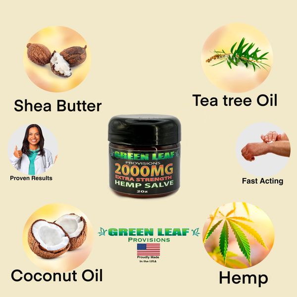 Green Leaf Provisions 2000mg salve and the natural ingredients it contains.