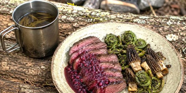 Plate of sliced steak with berry sauce, fiddlehead ferns, and morel mushrooms beside a metal cup of herbal tea.