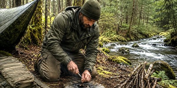 Man in outdoor gear starting a fire near a forest stream.