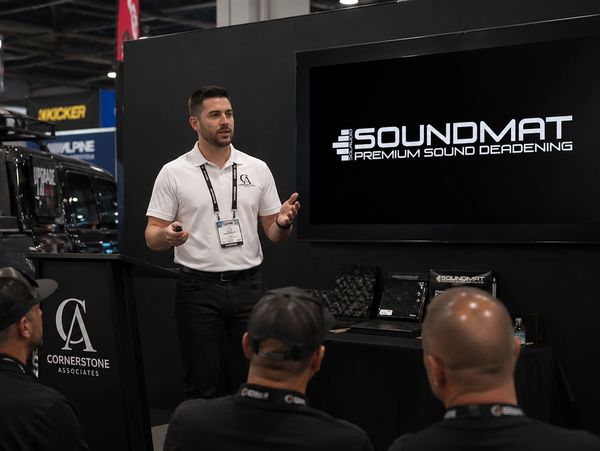 Man presenting Soundmat premium sound deadening to an audience.
