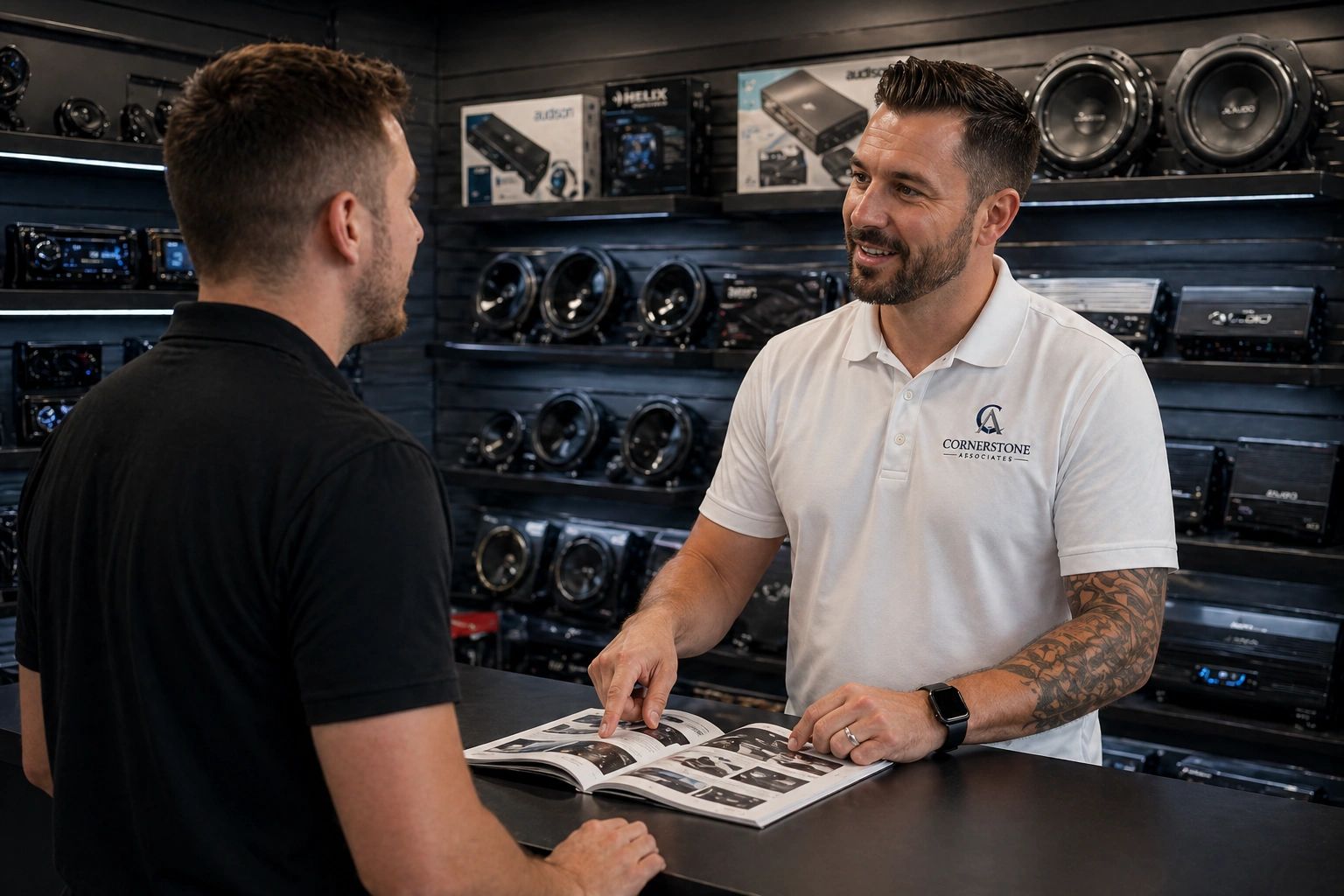 Salesman in white polo assisting customer with product catalog in electronics store.