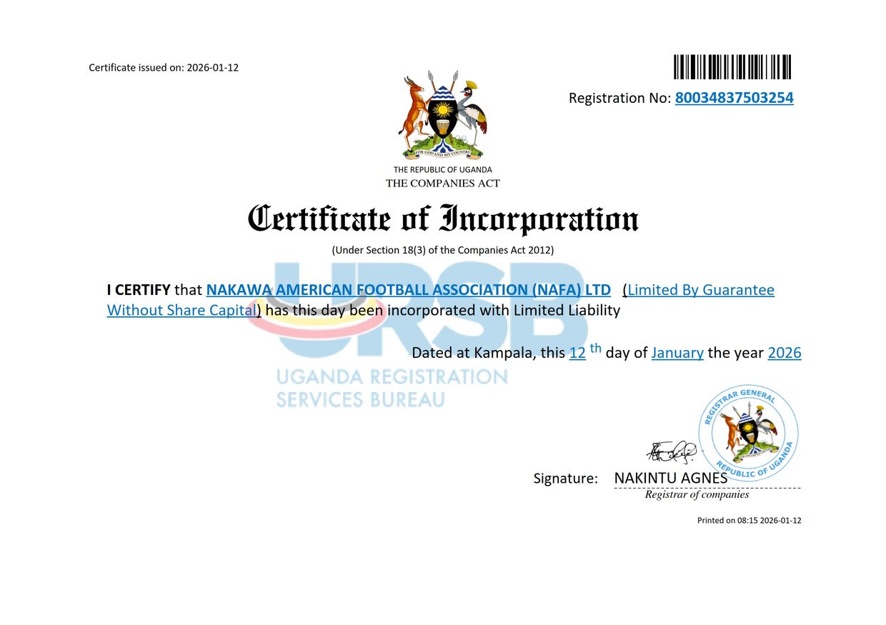 Certificate of incorporation for Nakawa American Football Association in Uganda.