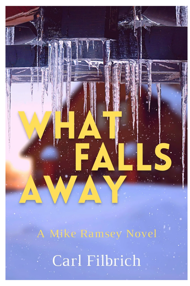 Book cover.  Snowy scene with icicles