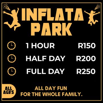 Inflata Park pricing for 1 hour, half day, and full day with fun for all ages.
