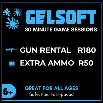 Advertisement for GelSoft gun rental and ammo prices with age and safety info.
