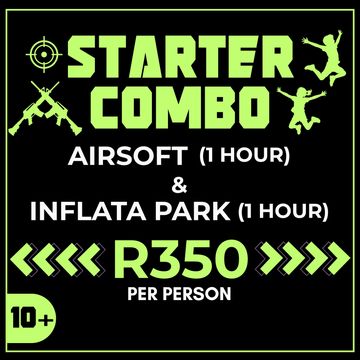 Starter combo offer: 1 hour Airsoft and 1 hour Inflata Park for R350 per person, age 10+.