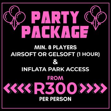 Party package offer includes airsoft or gelsoft and Inflata Park access from R300 per person.