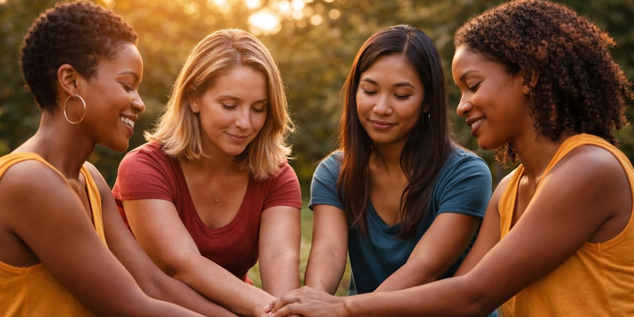 Group of women outside with their hands touching in the middle to connect and healing together.