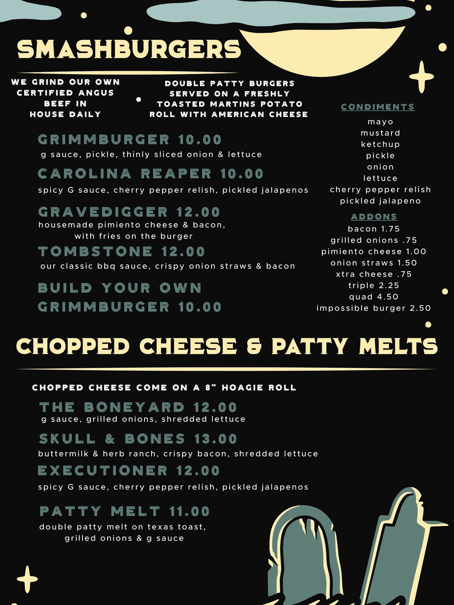 Menu listing smashburgers and chopped cheese &amp; patty melts with condiments and addons.