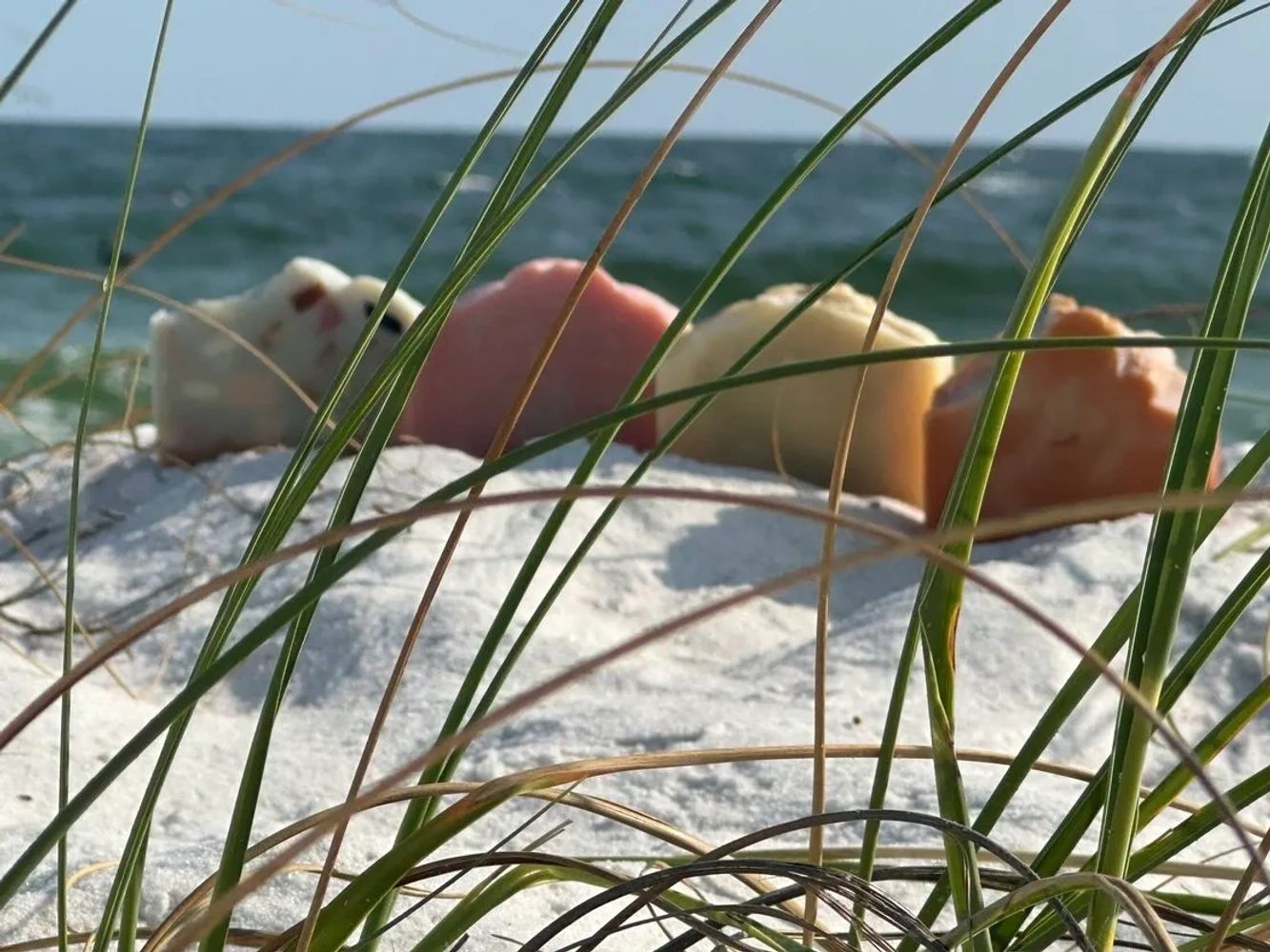 Four soaps on the white sand beach in the sea grass with the Gulf in the background