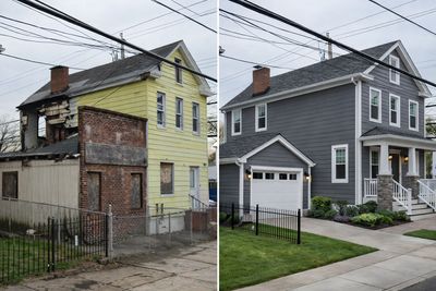 Before and after photos of a renovated two-story house with new siding and landscaping.