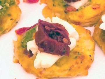 Pesto, Mozzarella and Sun Dried Tomato Rosti Canapes Close Up Image