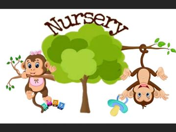Two playful monkeys around a tree with "Nursery" text.