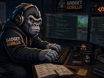 A gorilla in headphones coding intensely at a desk with multiple monitors.