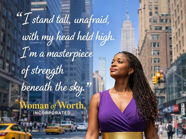 Confident woman standing tall in city, embodying strength and pride.