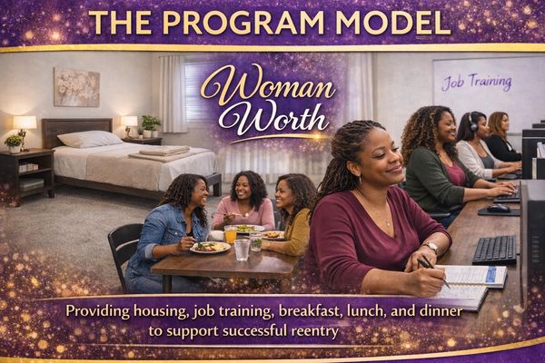 Women engaged in job training and enjoying a meal in a supportive reentry program.