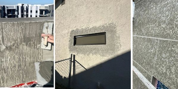 A building wall being plastered and textured with cement.