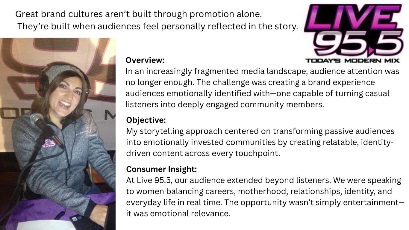Radio host engaging listeners with relatable storytelling on Live 95.5.