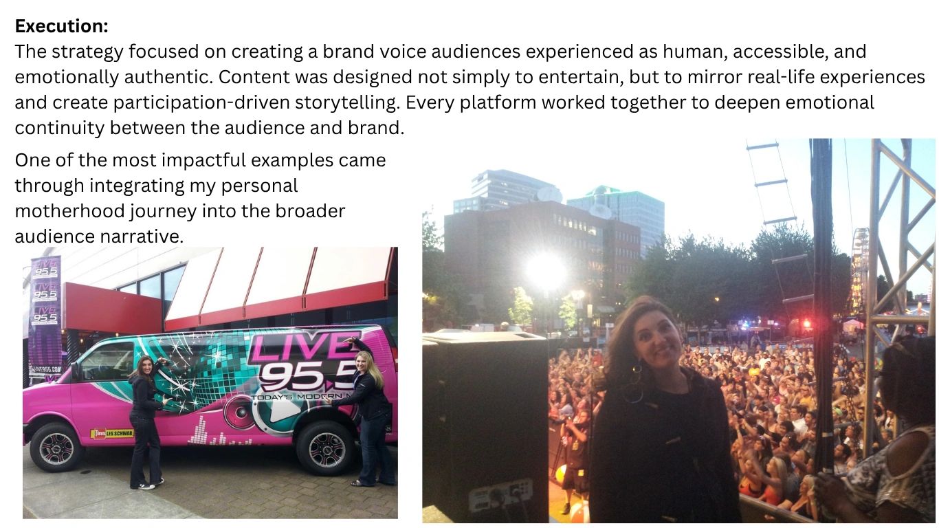Two women posing with a branded Live 95.5 van and a woman smiling on stage in front of a large crowd.