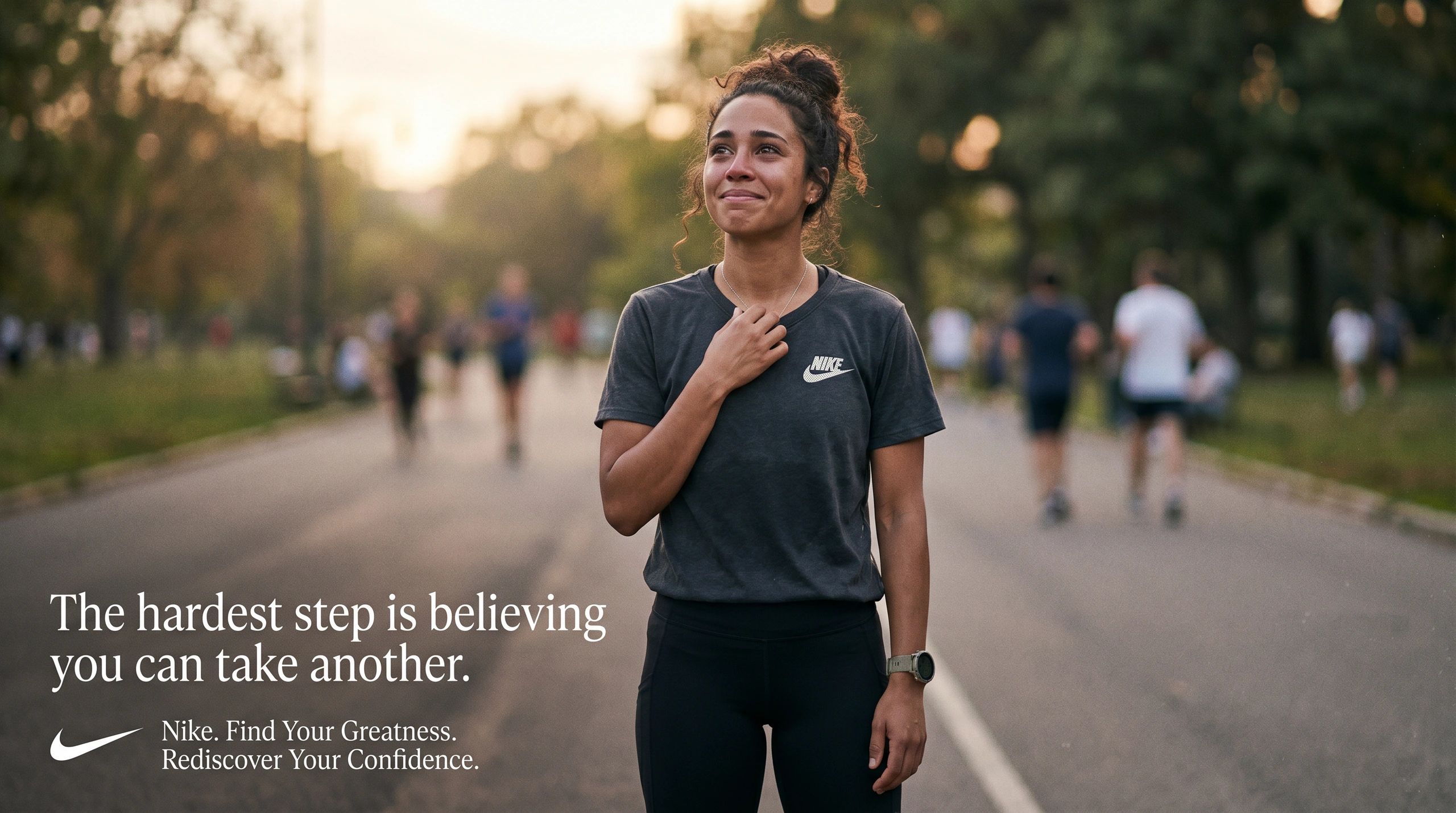 Confident woman in Nike sportswear standing on a path with a motivational quote.