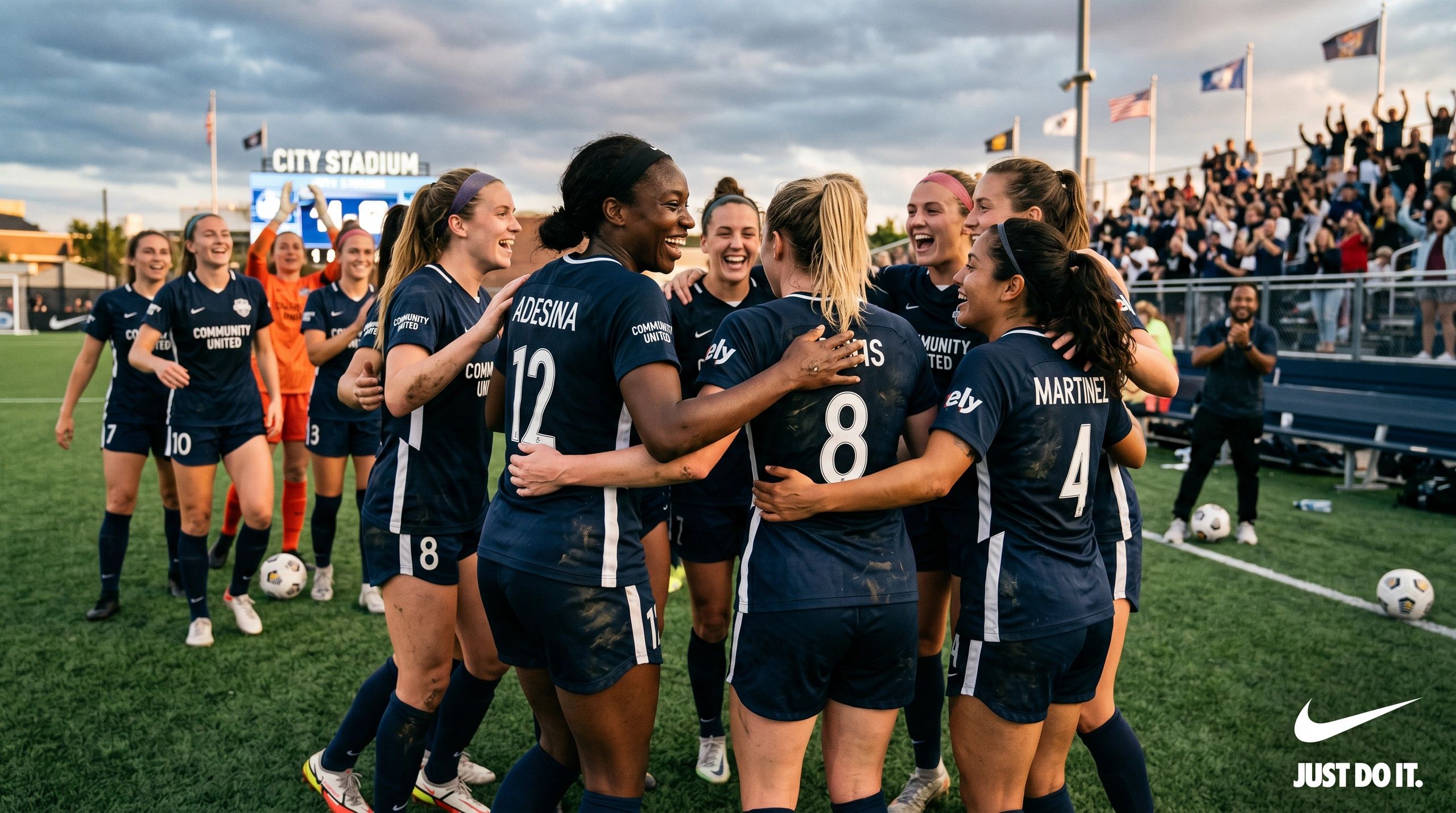 Women's soccer team celebrating together on the field with joy and unity.