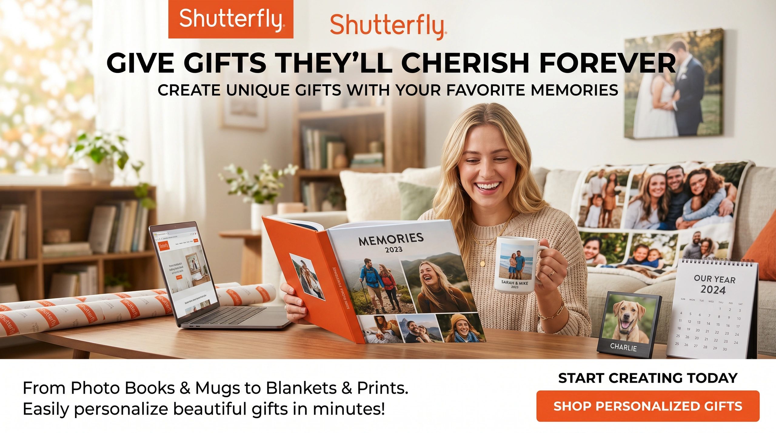 Woman joyfully creating personalized photo gifts with Shutterfly.