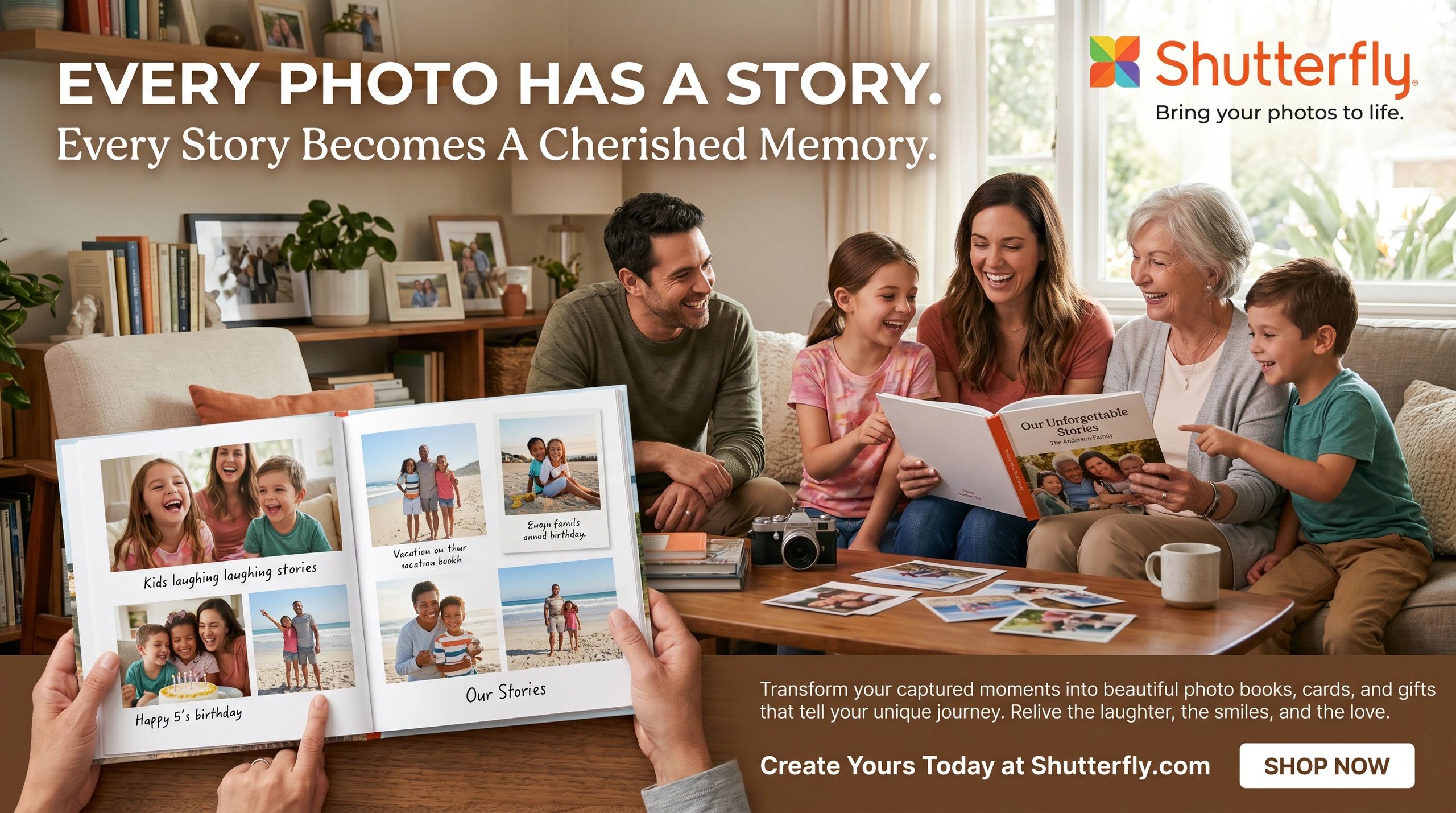 Family joyfully sharing photo books, capturing cherished memories together.