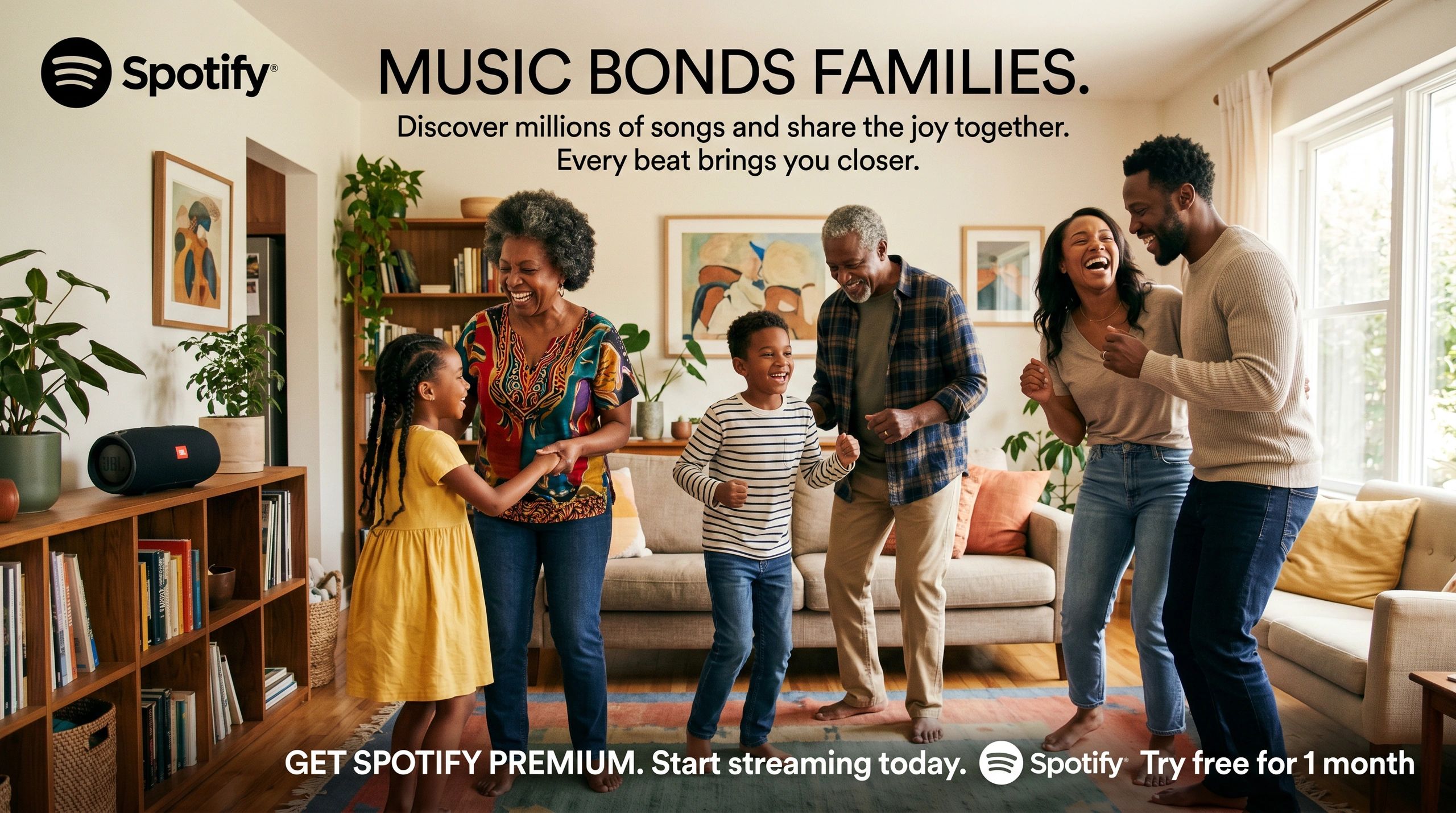 Family enjoying music together, dancing happily in a cozy living room.