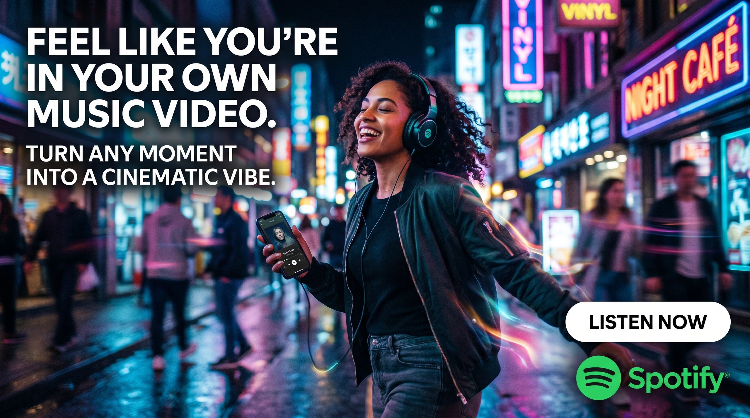 Young woman joyfully listens to music on Spotify in a vibrant city street at night.