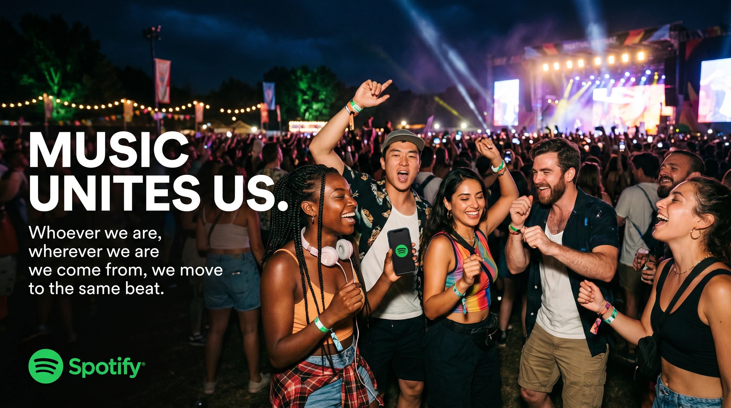A diverse group of friends enjoying a lively music festival at night.
