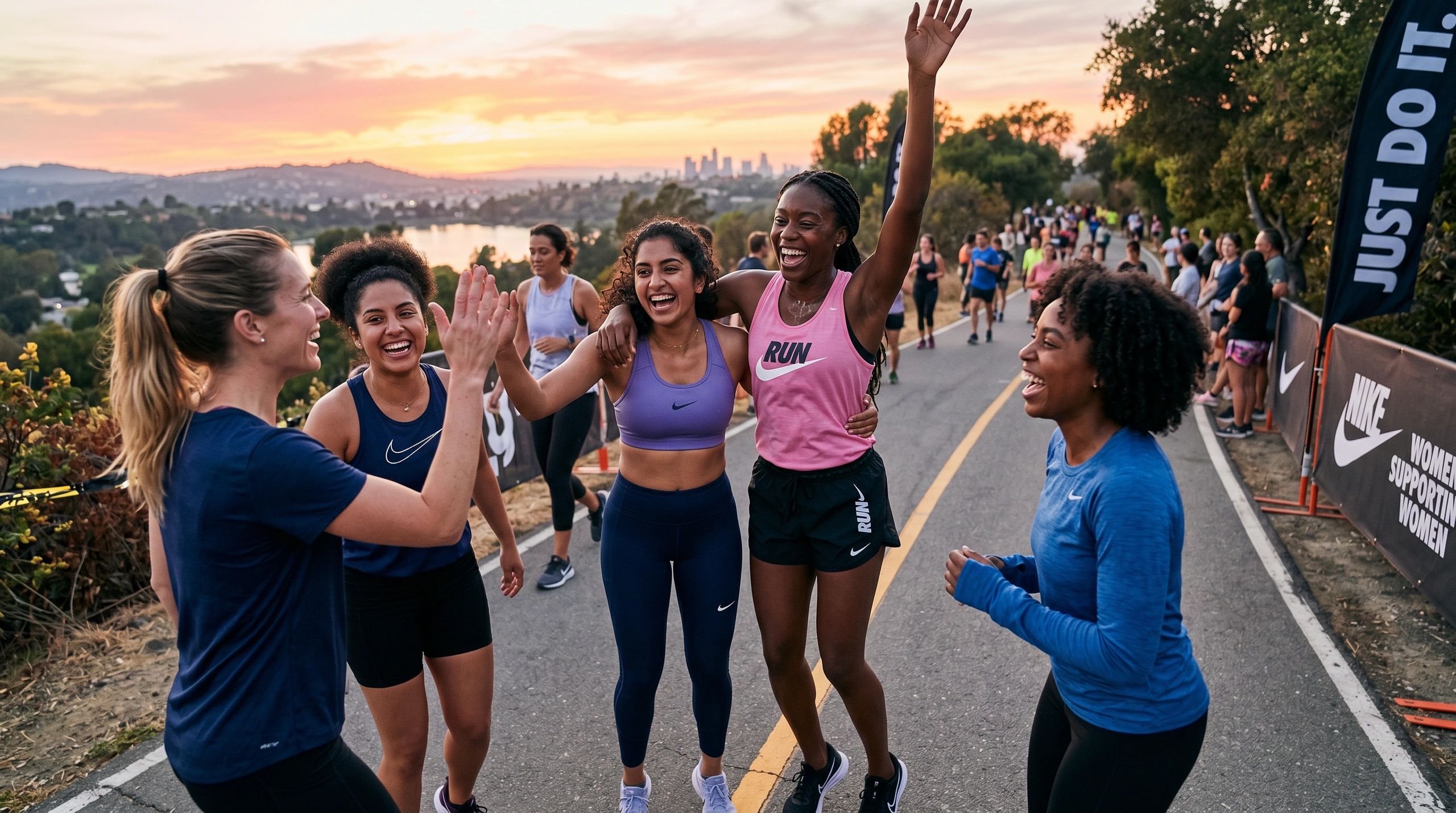 A group of women runners celebrating joyfully at a Nike event during sunset.