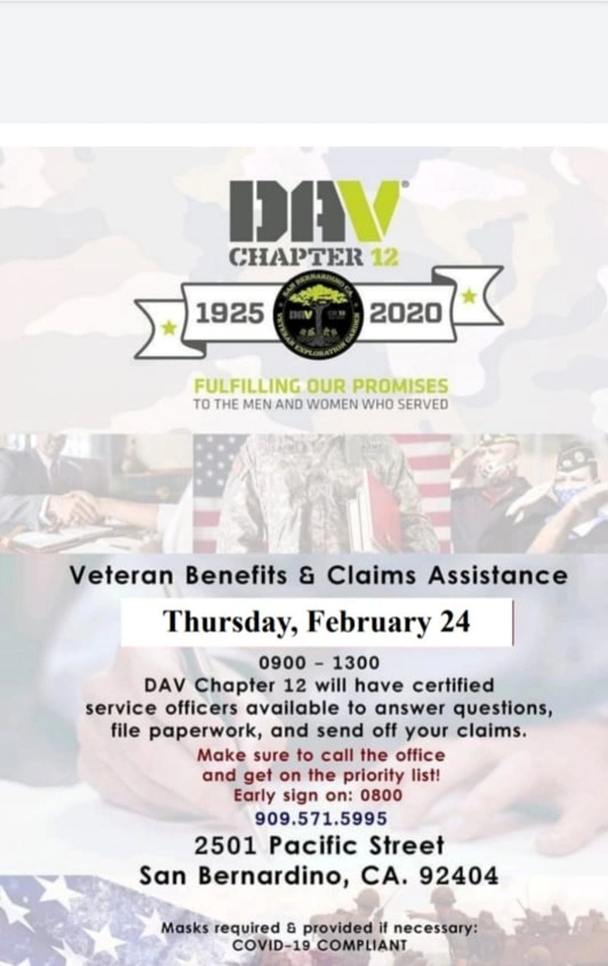 Veteran benefits assistance event by DAV Chapter 12 on February 24 in San Bernardino.