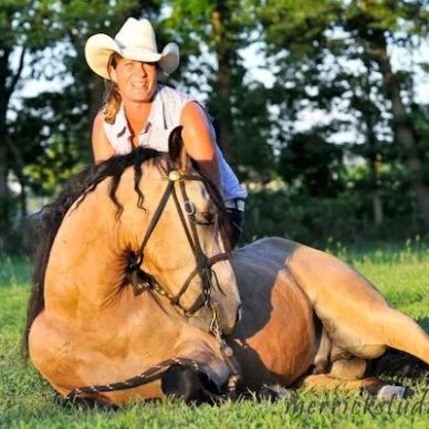 Person in a cowboy hat sitting on a lying horse.