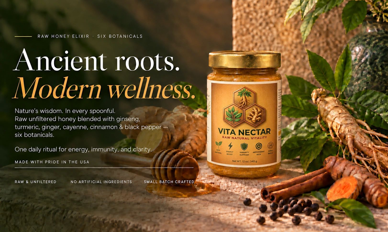 Vita Nectar honey jar beside ginseng and a honey dipper with text: “Ancient Roots. Modern Wellness.”
