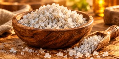 Coarse Celtic sea salt piled in a wooden bowl beside a wooden scoop and scattered salt crystals.