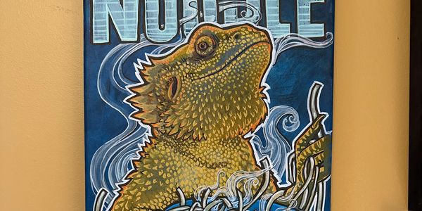 Weirdie-Beardie, the Noodle Bearded Dragon sign. Painted in Acrylic