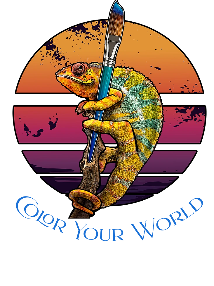 Retro design of a colorful Chameleon holding an artist's paintbrush.