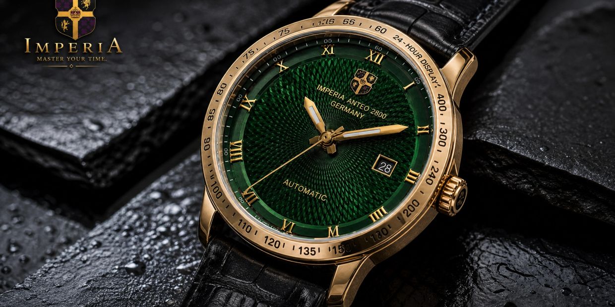 Luxury Imperia Anteo 2800 watch with gold case and green dial.