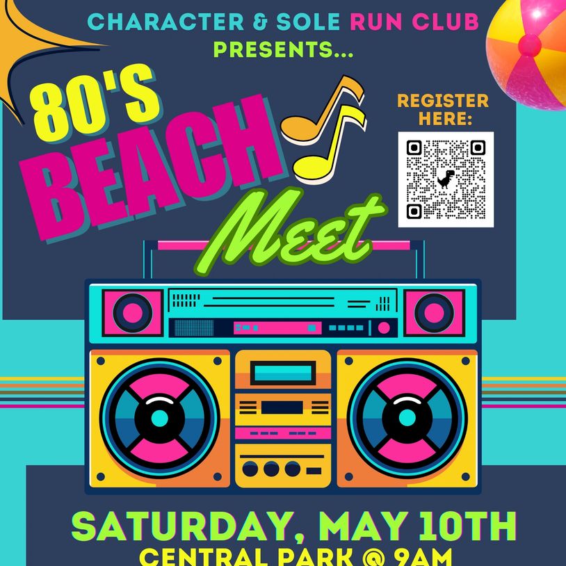 80's Beach Meet event with retro boombox and bright colors.