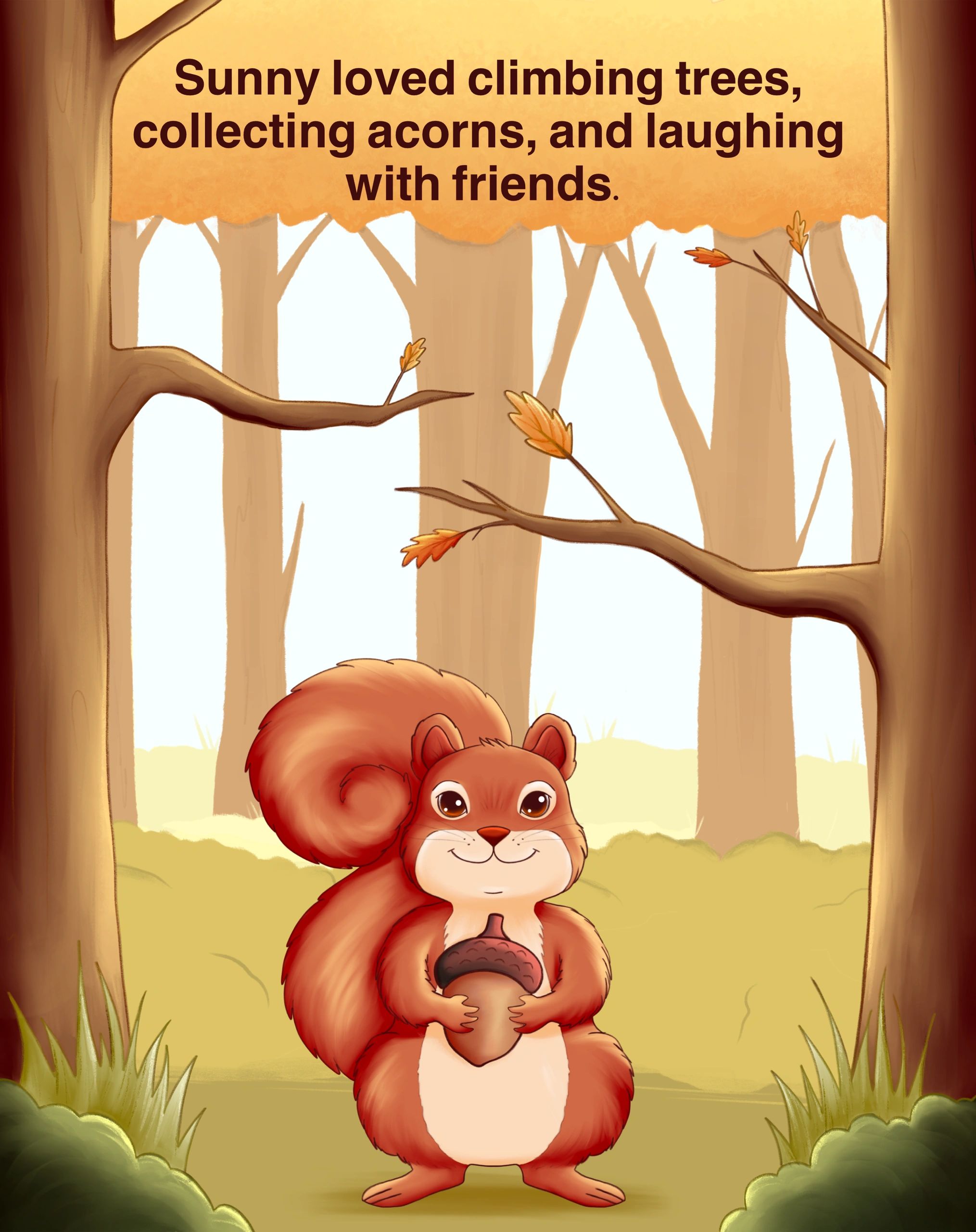Happy squirrel holding an acorn in the forest.
