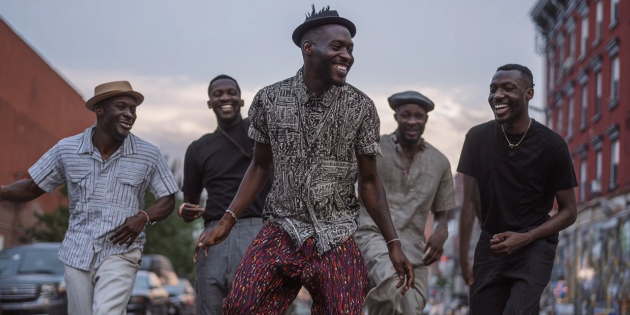 Five men joyfully walking and laughing together on a city street.
