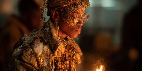 Person adorned in ornate golden attire and accessories, illuminated by warm firelight.