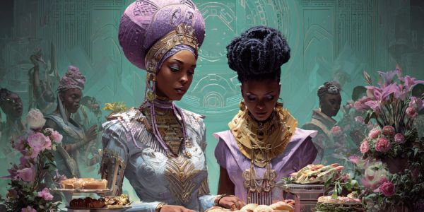 Two elegant women in regal attire surrounded by flowers and ornate dishes.