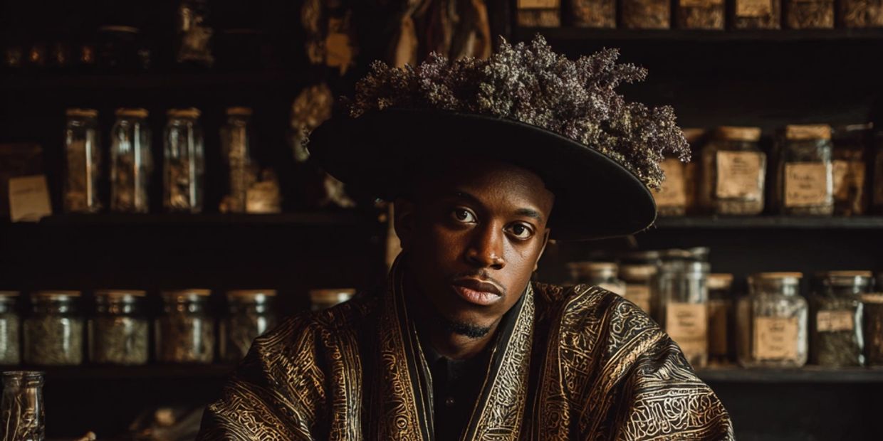 Man wearing an ornate robe and a hat adorned with flowers in a dimly lit room.