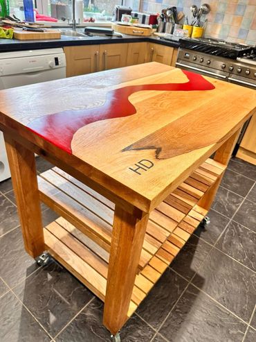 Red Resin and Wooden Kitchen Island by Pinewood Designs, Ashford Kent 