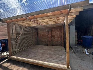 Outdoor Pergola and Decking, Wooden Dining area 