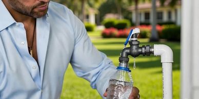 Man collecting a water sample for analysis from an outdoor tap in a sunny garden.