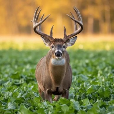 A majestic buck with large antlers standing in green foliage.