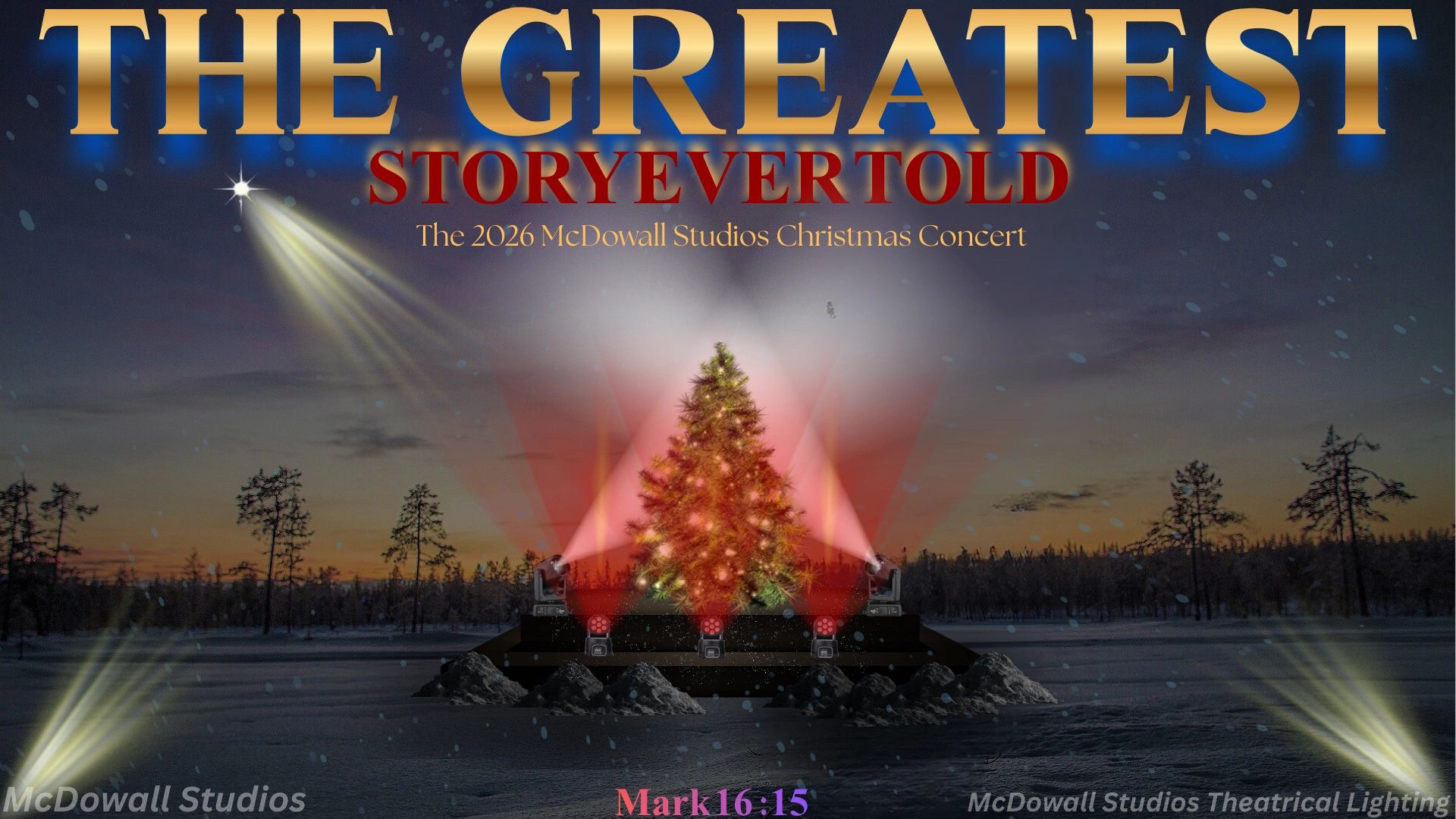 Christmas concert poster with a lighted tree and star.